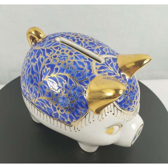 Vintage Ceramic Hand Painted Blue Gold Piggy Bank Marked JM Made In Thailand EUC - Picture 5 of 16